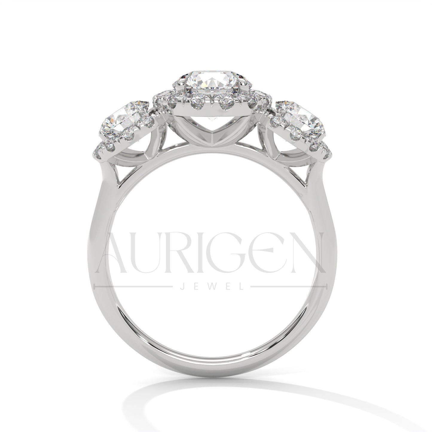 Three Stone Round Halo Diamond Engagement Ring in 14K Solid Gold