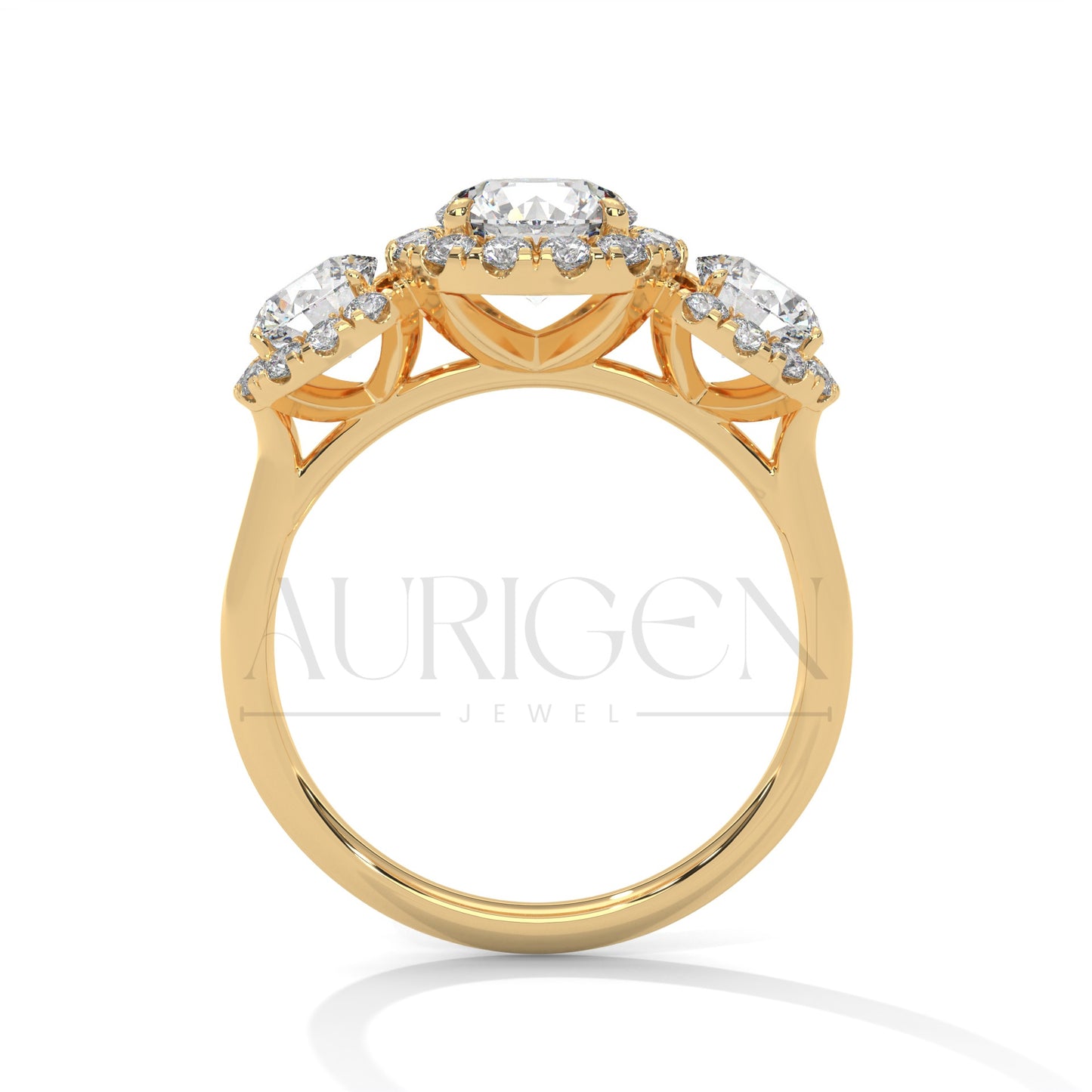 Three Stone Round Halo Diamond Engagement Ring in 14K Solid Gold