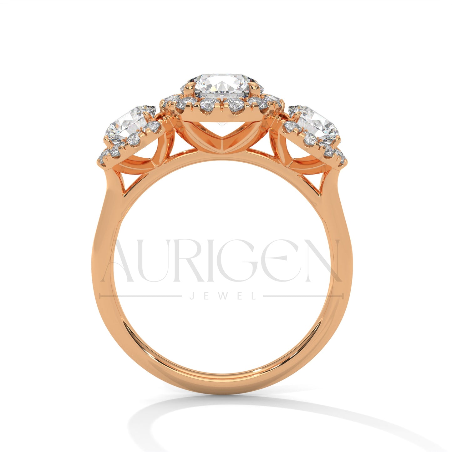 Three Stone Round Halo Diamond Engagement Ring in 14K Solid Gold