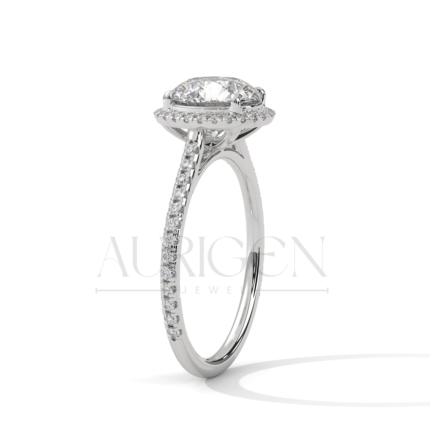 14K Solid Gold Round Brilliant Cut Diamond Ring with Halo and Pave Setting
