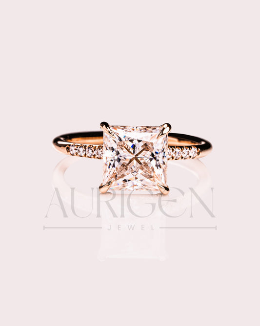 Princess Cut Moissanite & Leb Grown Engagement Ring with Hidden Halo and Side Diamond Ring