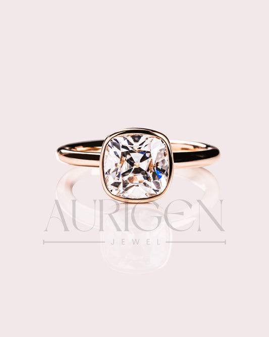 Elegant 2ct Cushion Cut Moissanite and Lab Grown Bezel Set Ring - 14K Solid Gold
