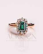 Green Emerald Cut Moissanite and Lab Grown Diamond 14K Solid Gold Halo Ring