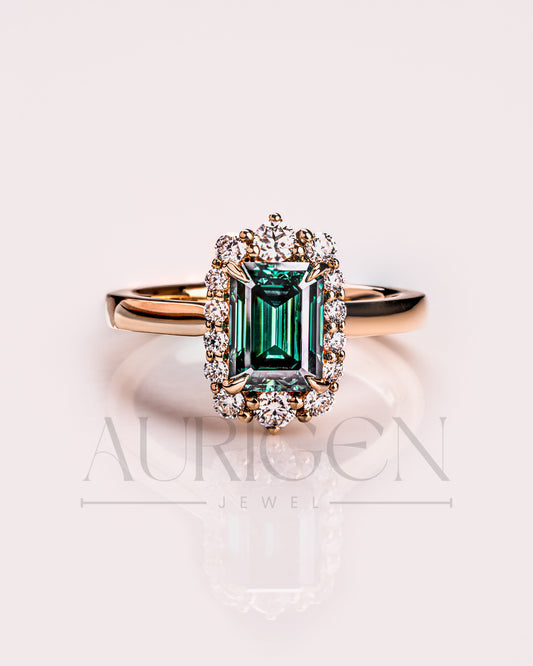 Green Emerald Cut Moissanite and Lab Grown Diamond 14K Solid Gold Halo Ring