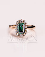 Green Emerald Cut Moissanite and Lab Grown Diamond 14K Solid Gold Halo Ring