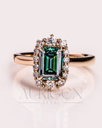 Green Emerald Cut Moissanite and Lab Grown Diamond 14K Solid Gold Halo Ring