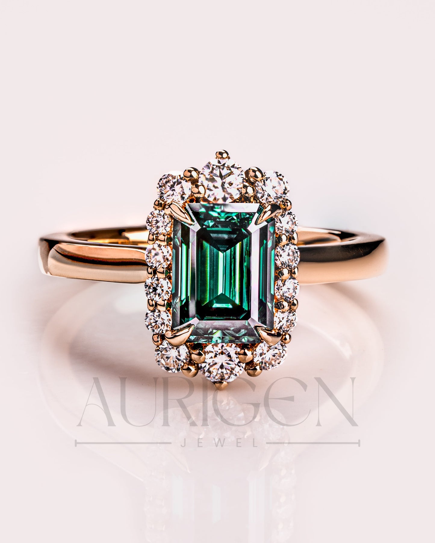 Green Emerald Cut Moissanite and Lab Grown Diamond 14K Solid Gold Halo Ring