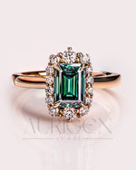 Green Emerald Cut Moissanite and Lab Grown Diamond 14K Solid Gold Halo Ring