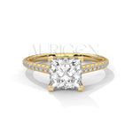14K Solid Gold Engagement Ring with Princess Center and Pave Diamonds