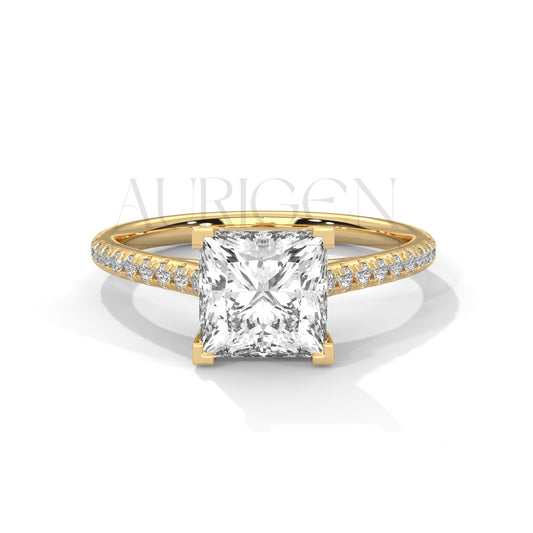 14K Solid Gold Engagement Ring with Princess Center and Pave Diamonds