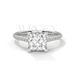 14K Solid Gold Engagement Ring with Princess Center and Pave Diamonds