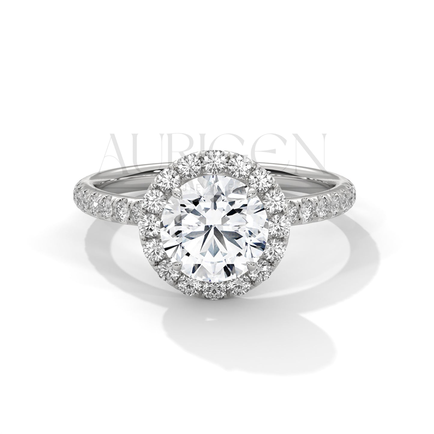 Brilliant Round Cut Halo and Hidden Halo Diamond Ring with Pave Band in 14K Solid Gold
