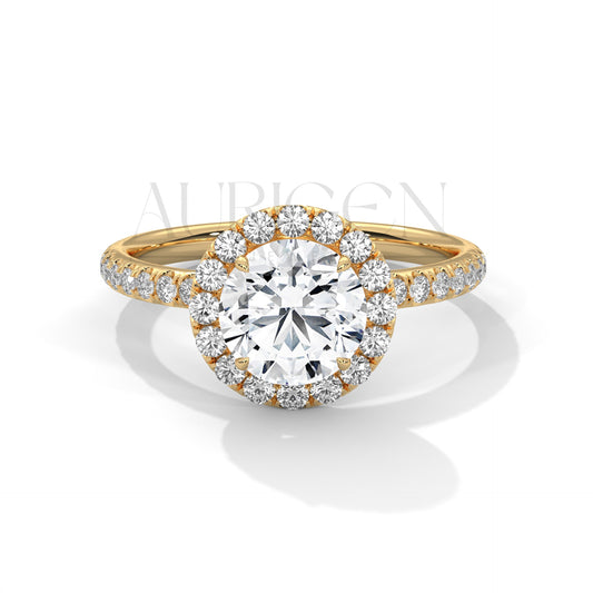 Brilliant Round Cut Halo and Hidden Halo Diamond Ring with Pave Band in 14K Solid Gold