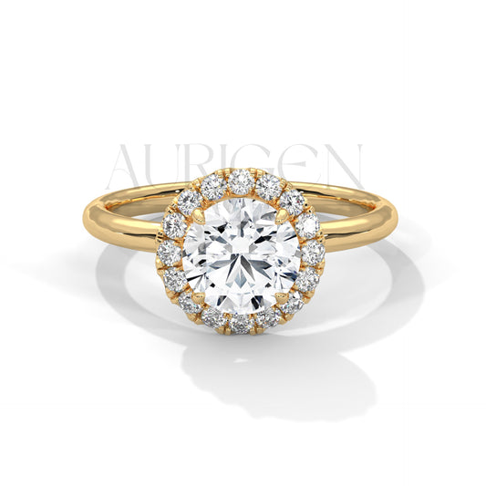 A Beautiful 14K Solid Gold Round Moissanite Diamond Ring Featuring a Unique Halo