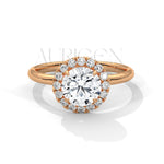 A Beautiful 14K Solid Gold Round Moissanite Diamond Ring Featuring a Unique Halo