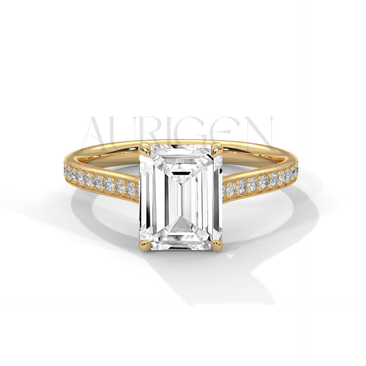 Beautiful 2.00 CT Emerald Cut Moissanite Diamond Pave Set 14K Solid Gold Ring