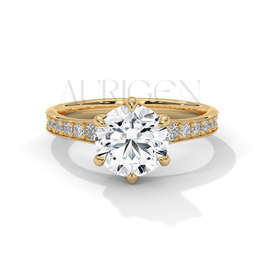 Elegant Round Cut Diamond Pave and Six Prong Set Ring in 14K Solid Gold