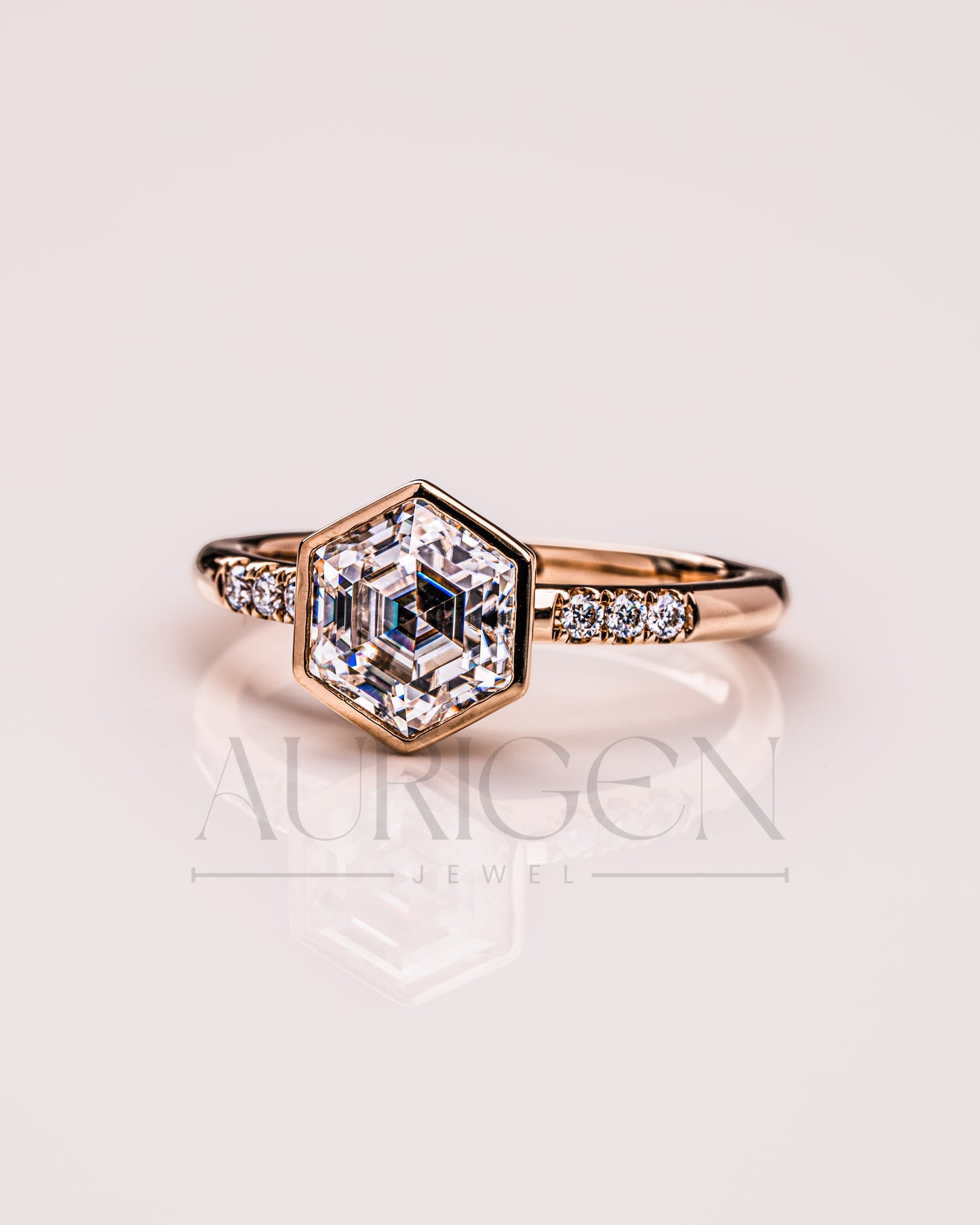 Bezel Setting Hexagon Cut Moissanite and Lab Grown Diamond Ring in 14K Rose Gold