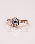 Bezel Setting Hexagon Cut Moissanite and Lab Grown Diamond Ring in 14K Rose Gold