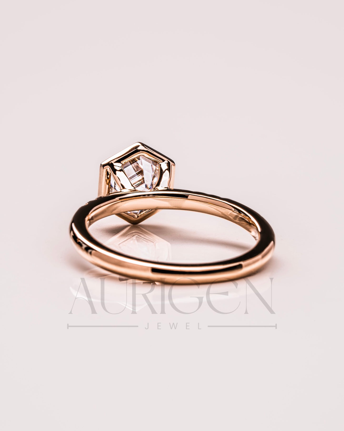 Bezel Setting Hexagon Cut Moissanite and Lab Grown Diamond Ring in 14K Rose Gold