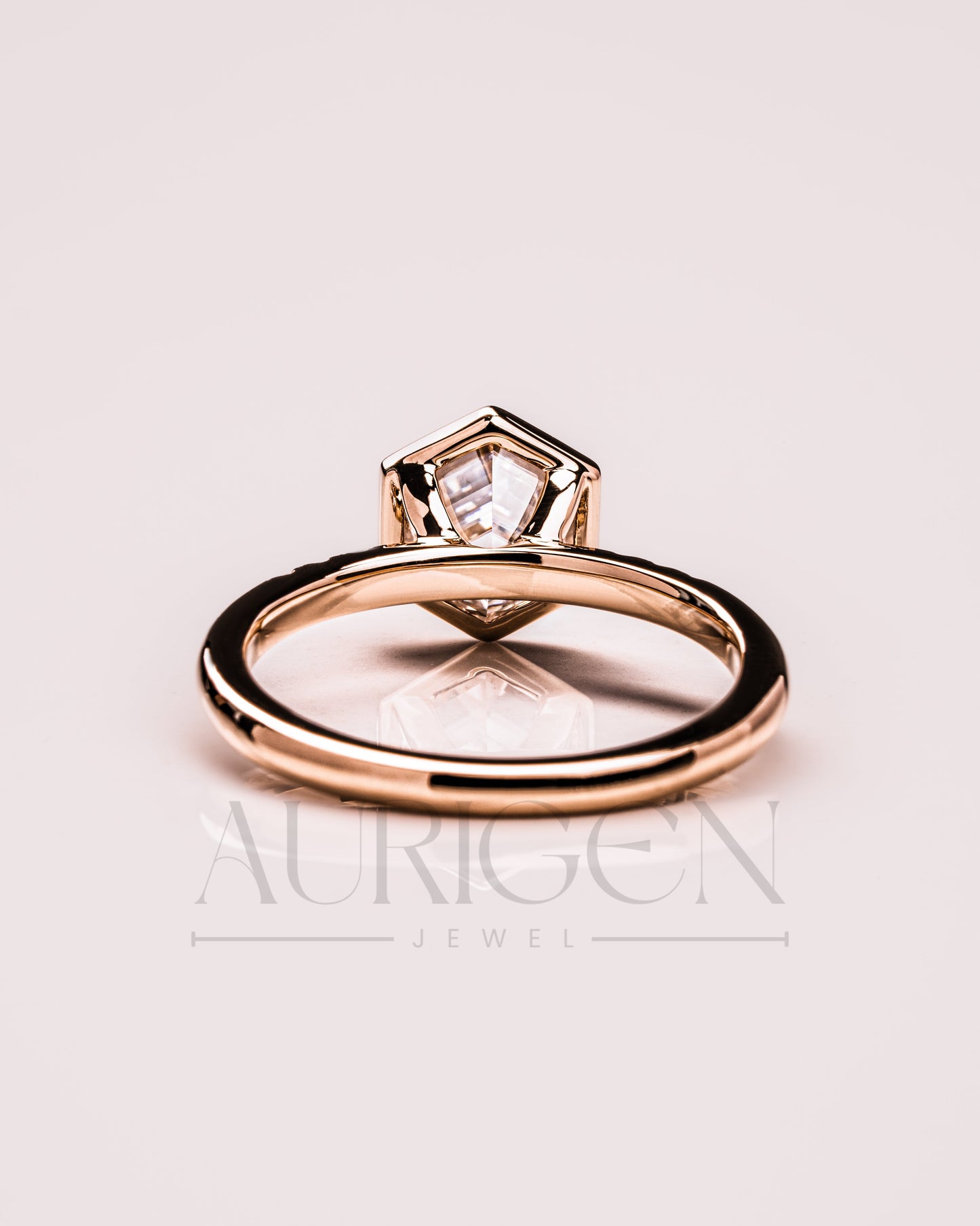 Bezel Setting Hexagon Cut Moissanite and Lab Grown Diamond Ring in 14K Rose Gold