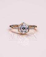 Bezel Setting Hexagon Cut Moissanite and Lab Grown Diamond Ring in 14K Rose Gold