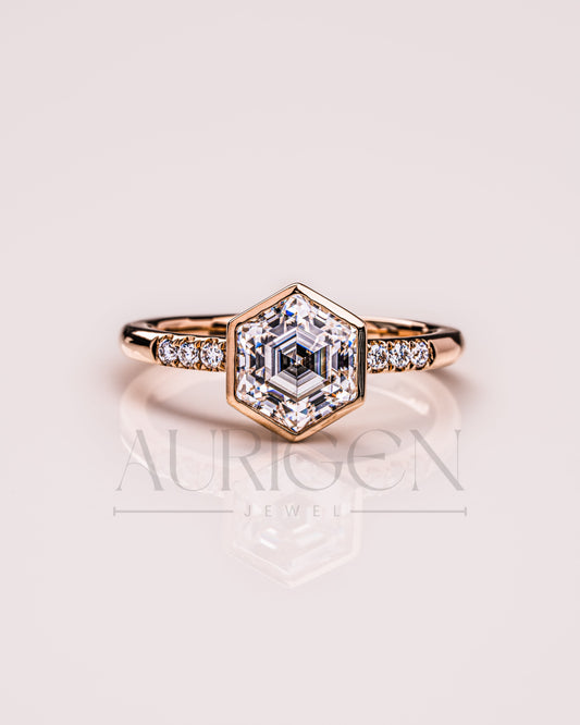 Bezel Setting Hexagon Cut Moissanite and Lab Grown Diamond Ring in 14K Rose Gold