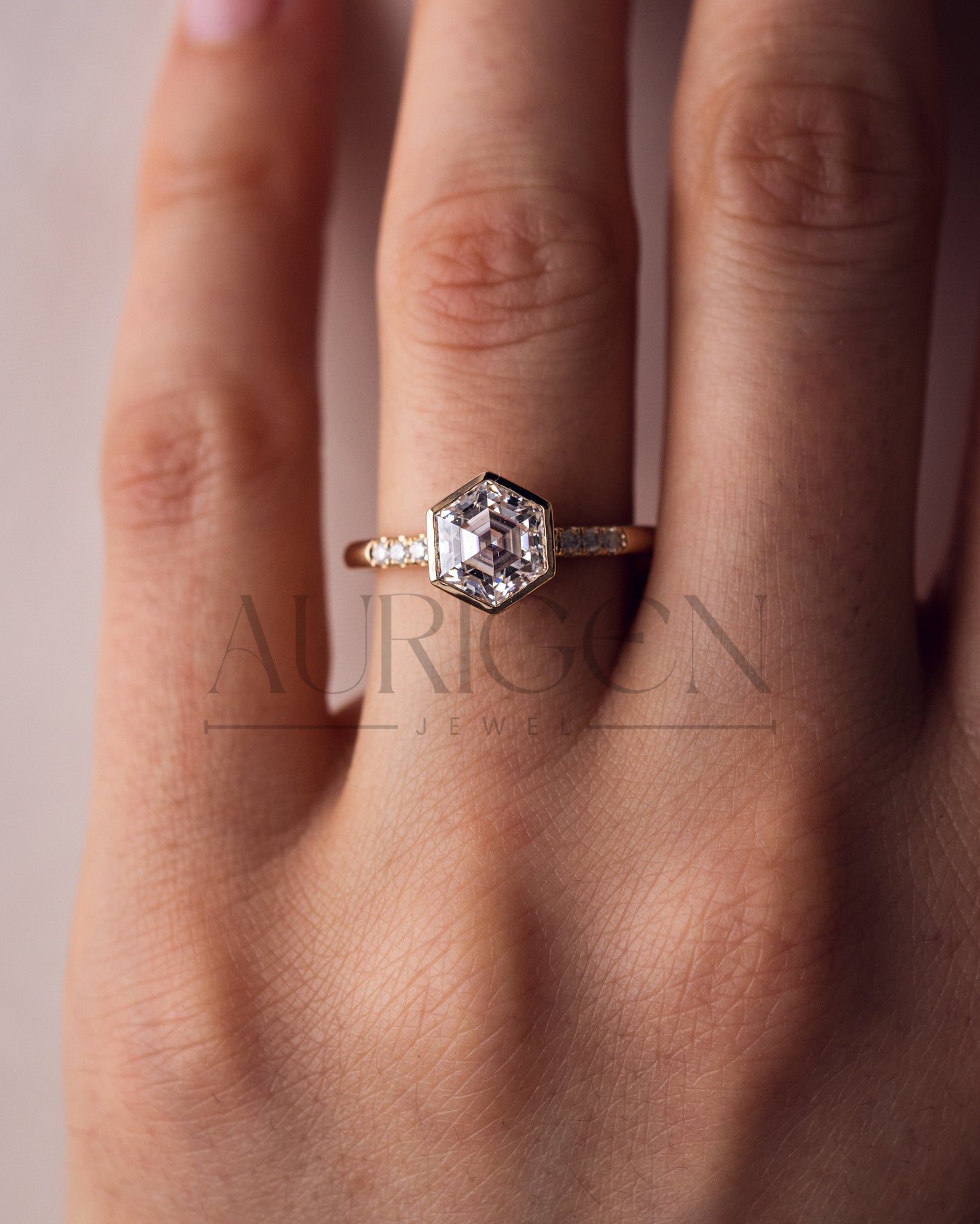 Bezel Setting Hexagon Cut Moissanite and Lab Grown Diamond Ring in 14K Rose Gold