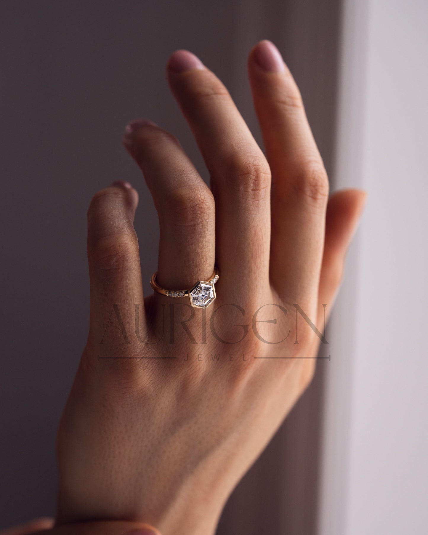 Bezel Setting Hexagon Cut Moissanite and Lab Grown Diamond Ring in 14K Rose Gold