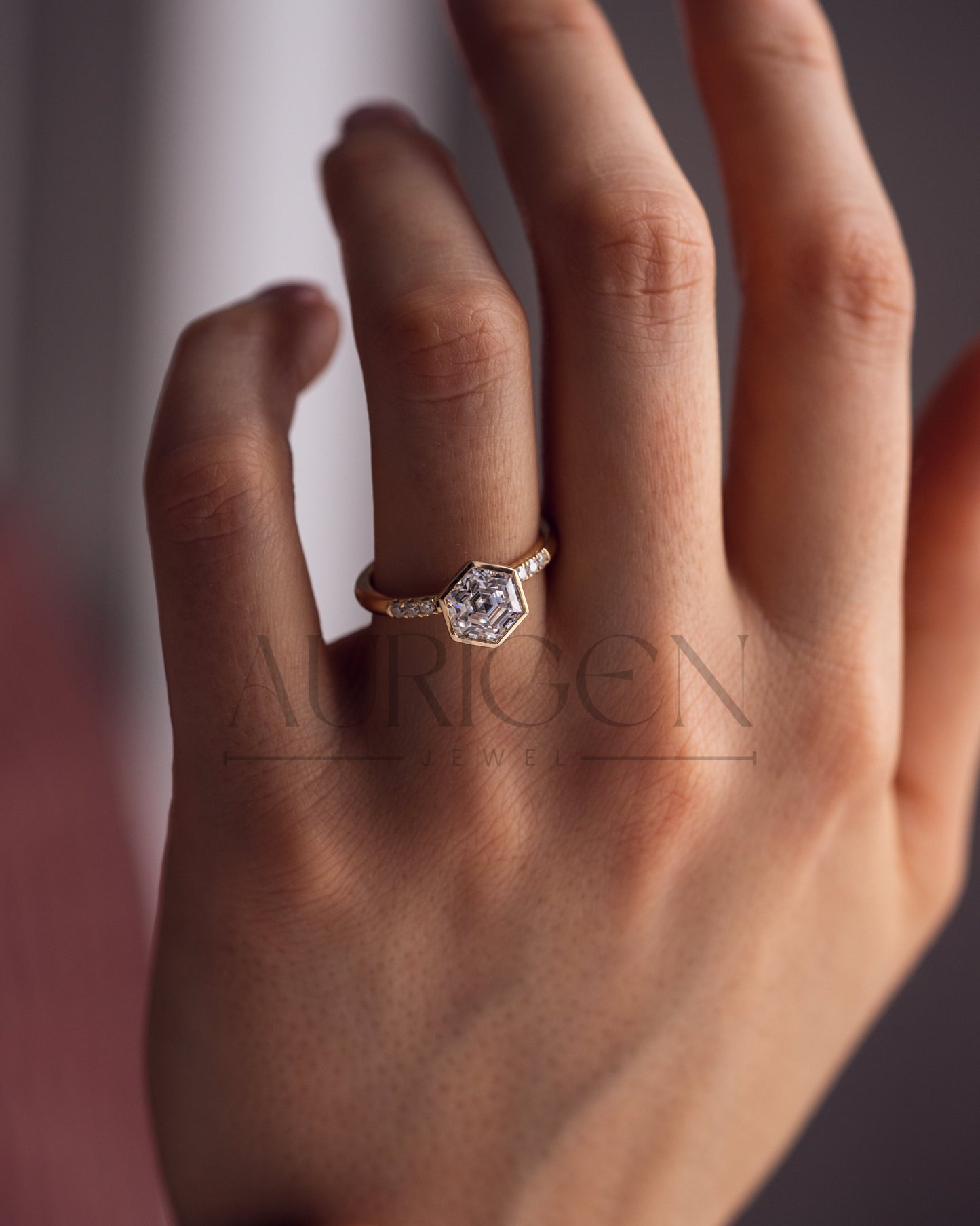 Bezel Setting Hexagon Cut Moissanite and Lab Grown Diamond Ring in 14K Rose Gold
