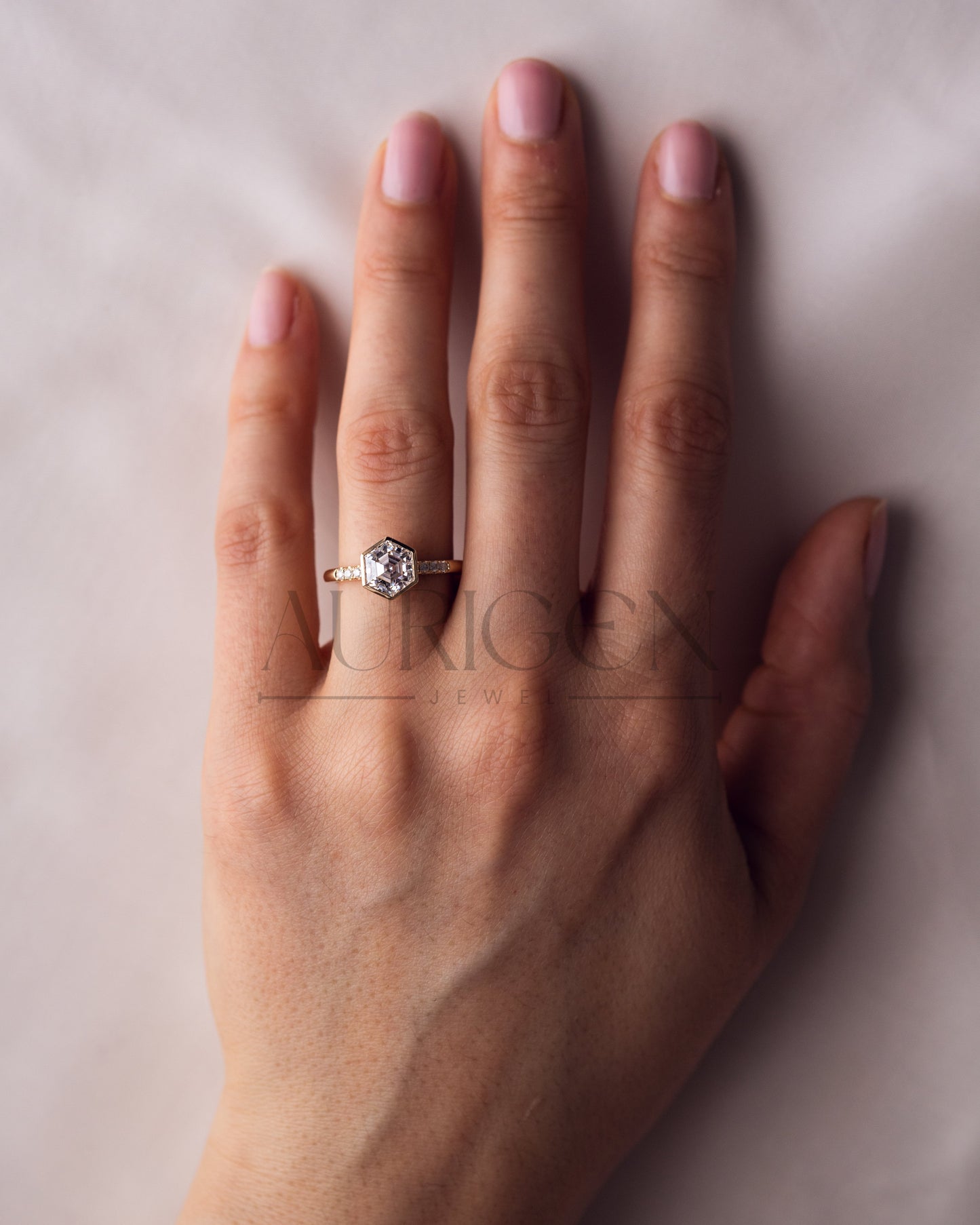 Bezel Setting Hexagon Cut Moissanite and Lab Grown Diamond Ring in 14K Rose Gold