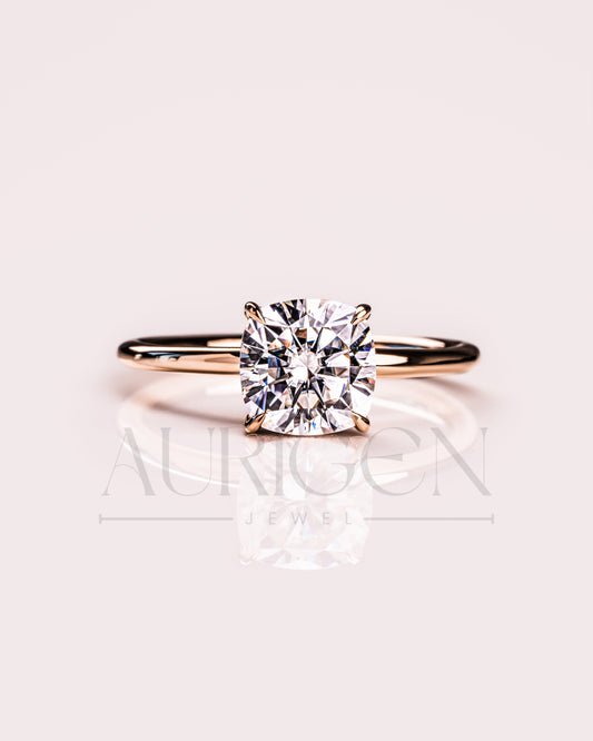 Brilliant Cushion Cut Moissanite and Leb Diamond Ring Hidden Halo 14k Solid Gold