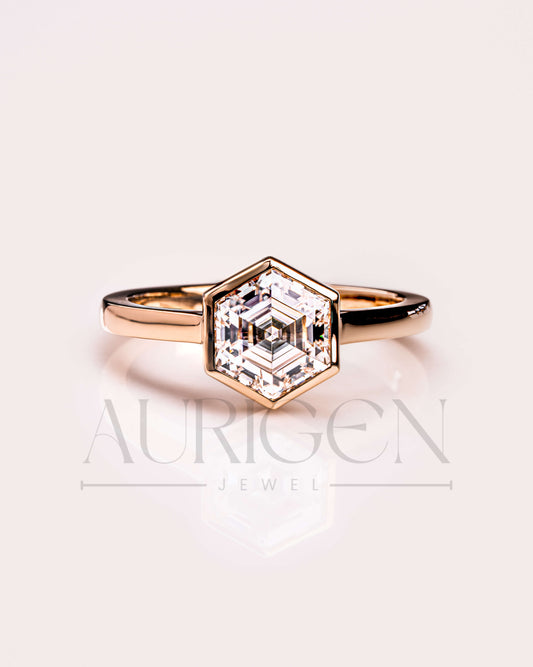 Bezel Setting Hexagon Cut Lab Grown and Moissanite Diamond Ring