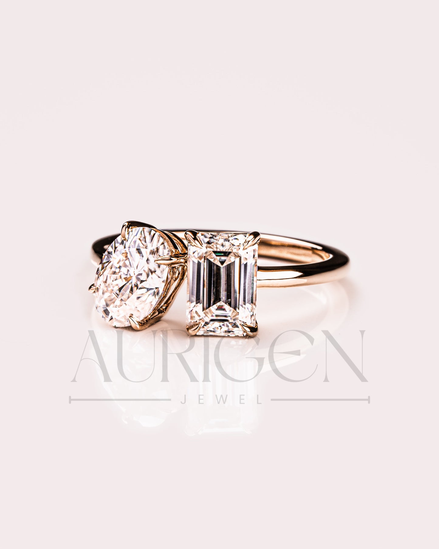 Two Stone Emerald and Oval Cut Moissanite and Lab Grown Diamond Ring