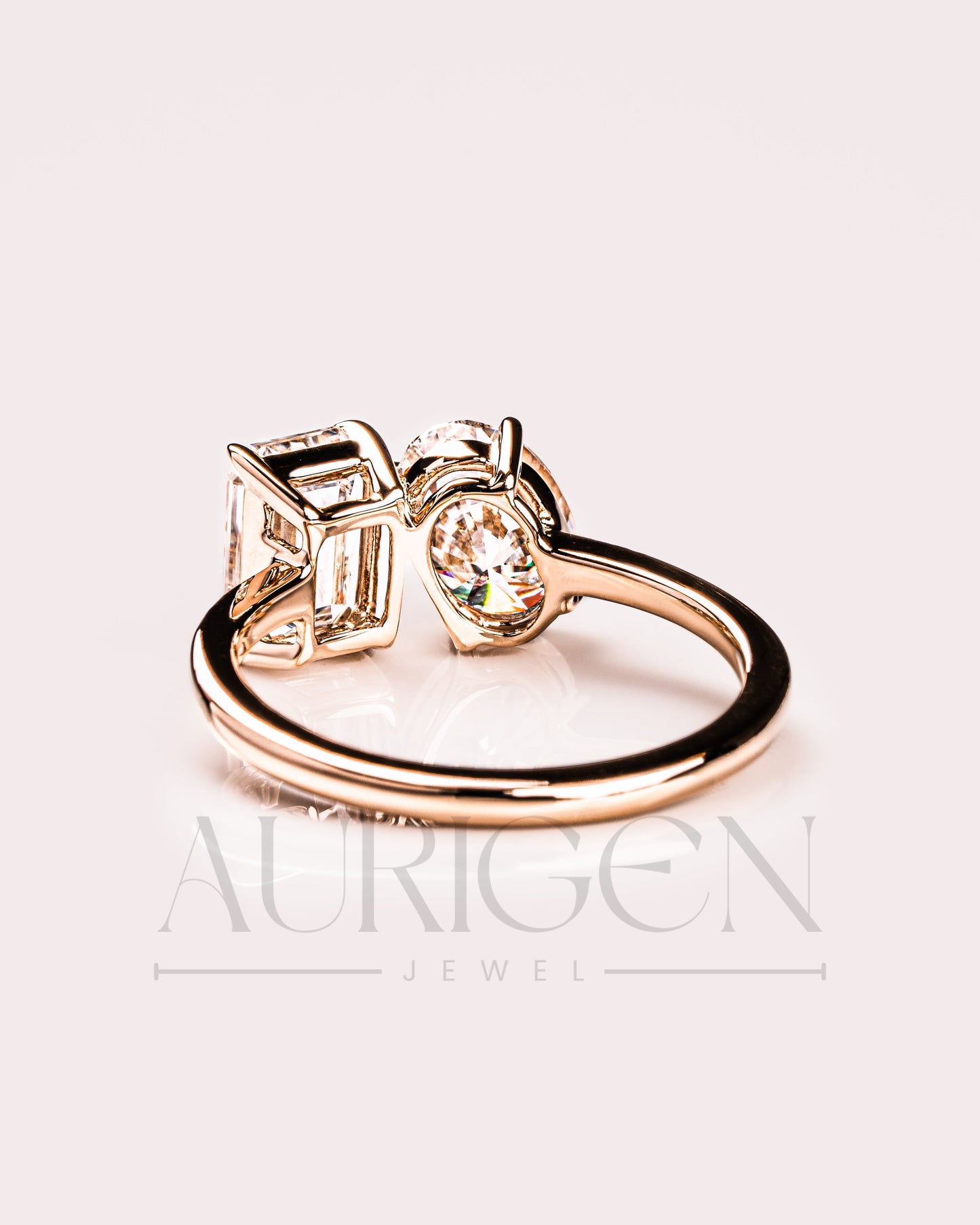 Two Stone Emerald and Oval Cut Moissanite and Lab Grown Diamond Ring