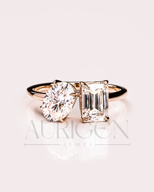 Two Stone Emerald and Oval Cut Moissanite and Lab Grown Diamond Ring