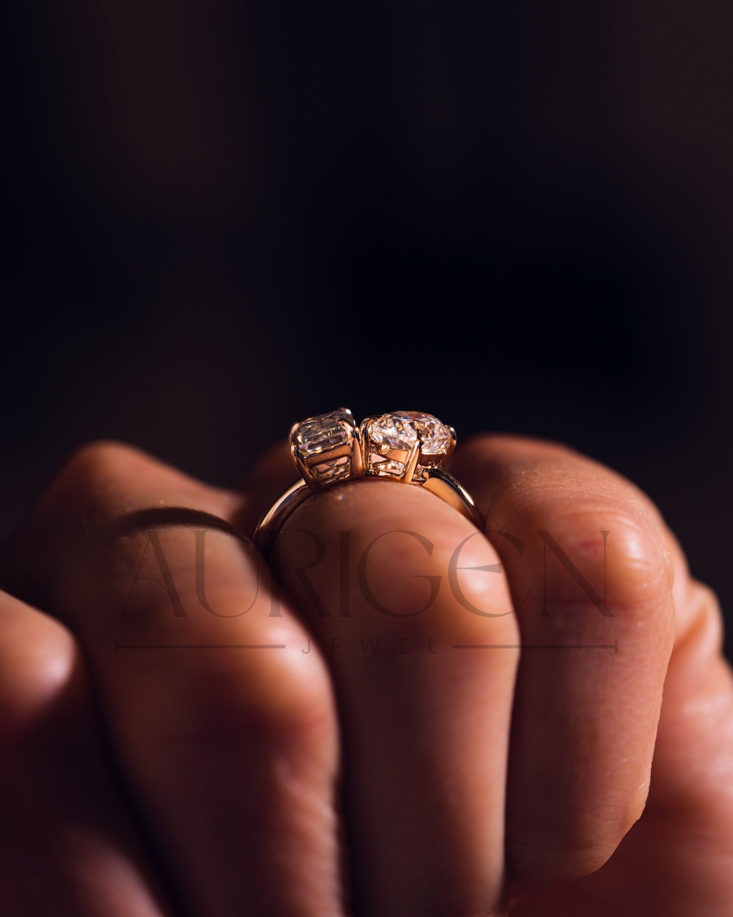Two Stone Emerald and Oval Cut Moissanite and Lab Grown Diamond Ring
