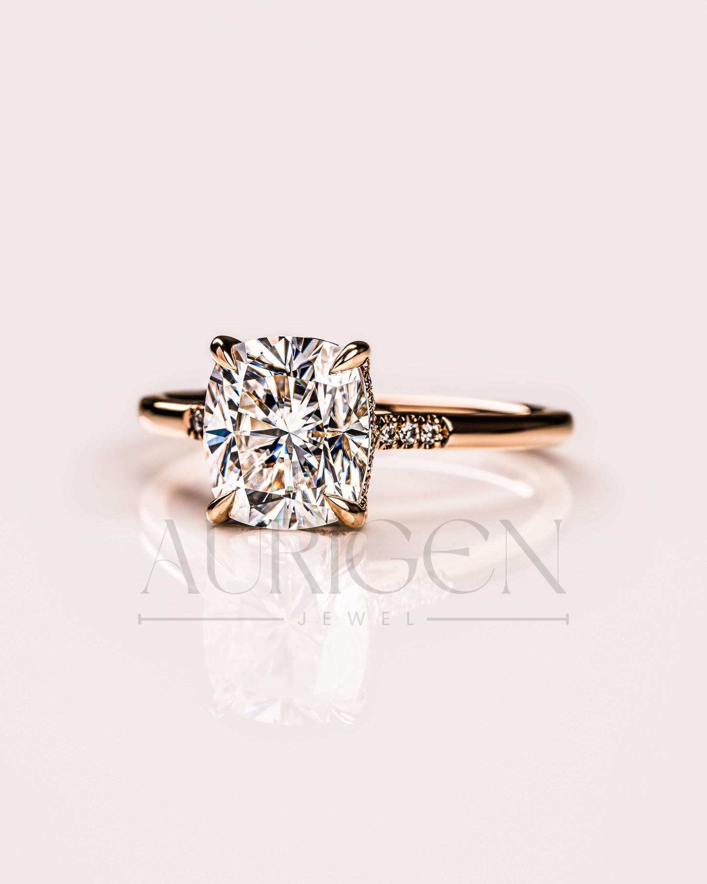 Luxury 14K Yellow Gold-Cushion Cut Moissanite and Lab Grown Diamond Ring