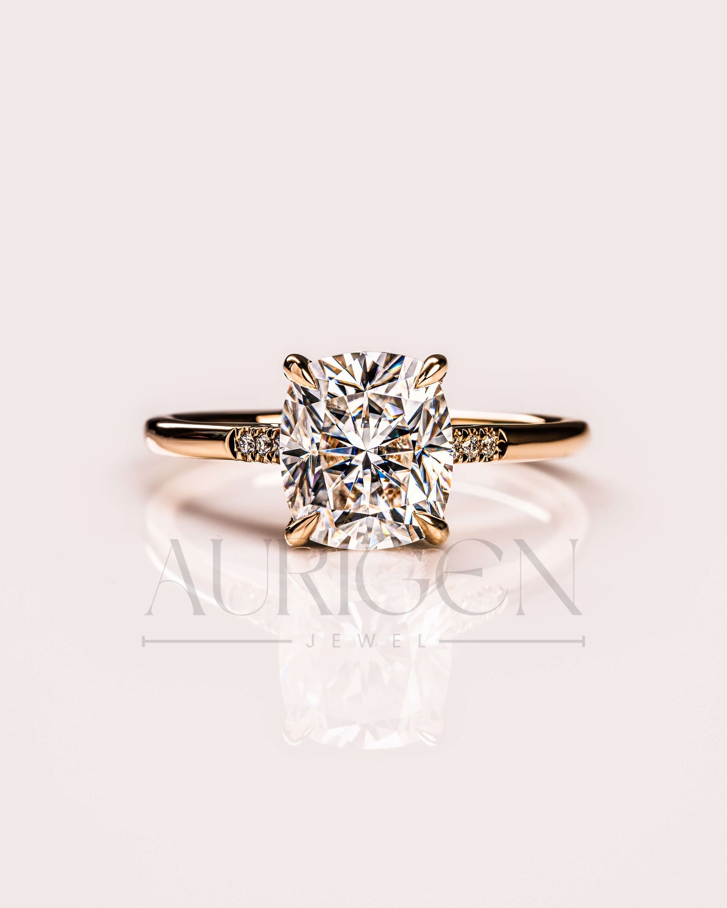 Luxury 14K Yellow Gold-Cushion Cut Moissanite and Lab Grown Diamond Ring