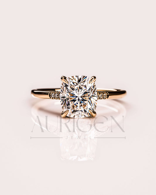 Luxury 14K Yellow Gold-Cushion Cut Moissanite and Lab Grown Diamond Ring