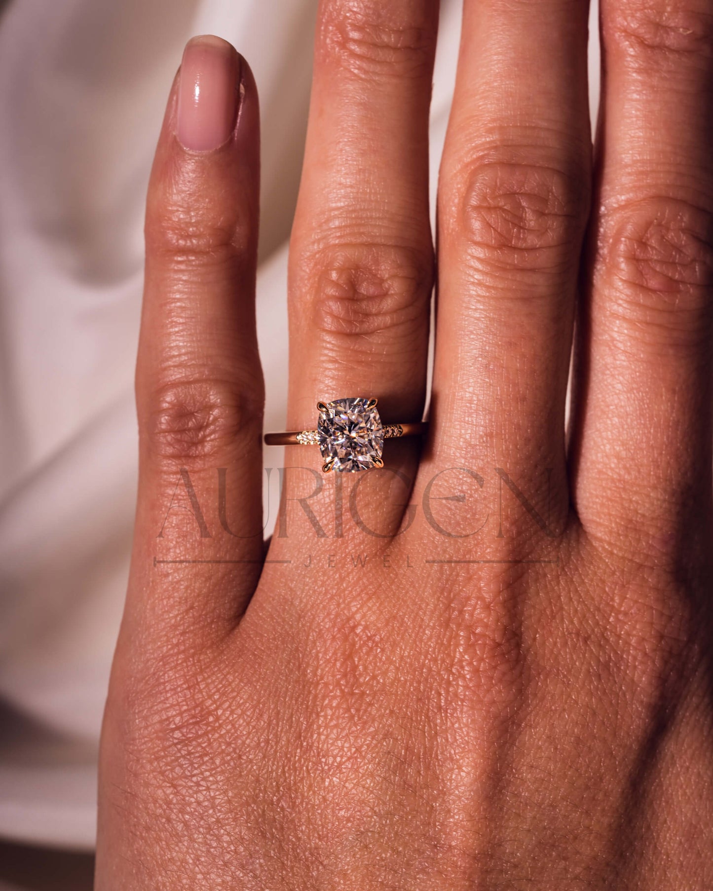 Luxury 14K Yellow Gold-Cushion Cut Moissanite and Lab Grown Diamond Ring
