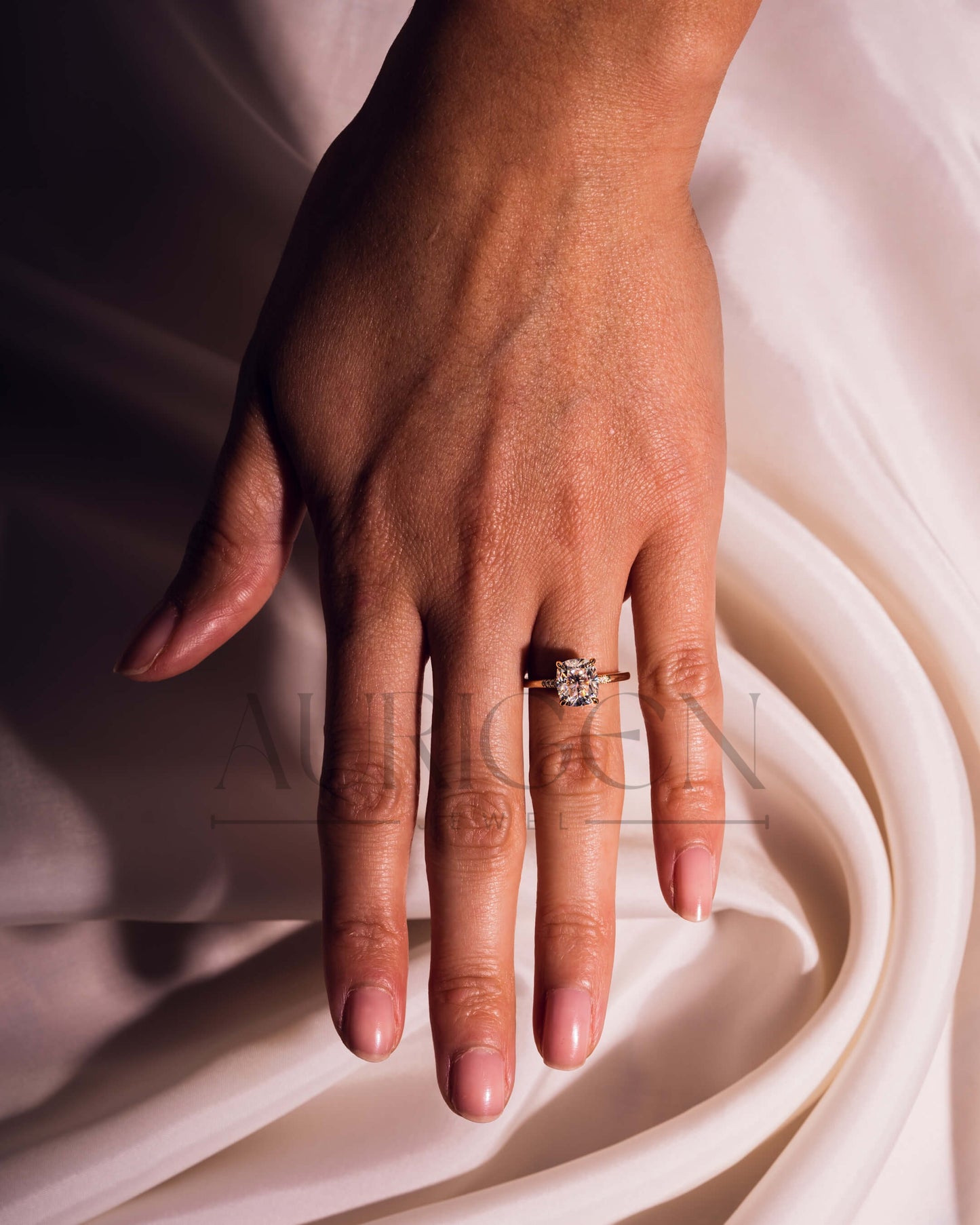 Luxury 14K Yellow Gold-Cushion Cut Moissanite and Lab Grown Diamond Ring