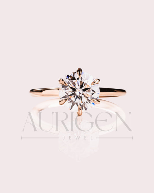 Classic Round Cut Solitaire Ring in 14K Solid Gold-Lab Grown and Moissanite Diamond