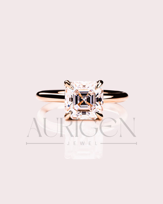 Classic 14K Solid Gold Asscher Cut Moissanite and Lab Grown 4-Prong Solitaire Ring