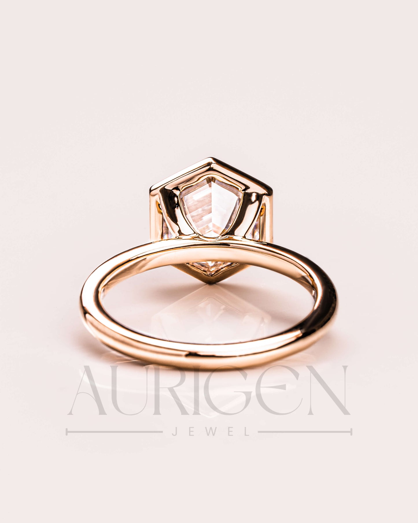 14K Solid Gold Hexagon Cut Moissanite and Lab Grown Bezel Setting Ring