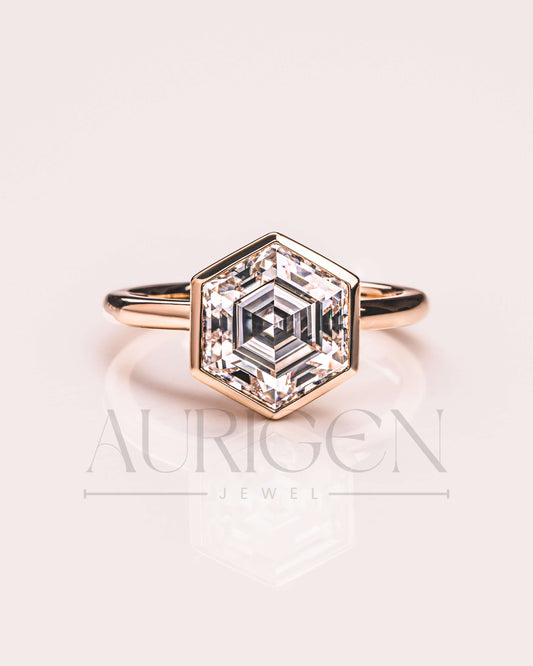14K Solid Gold Hexagon Cut Moissanite and Lab Grown Bezel Setting Ring