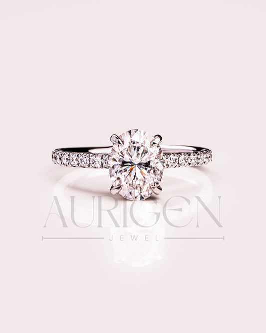 Hidden Halo Oval Cut Lab Grown and Moissanite Diamond Engagement Ring with Pave