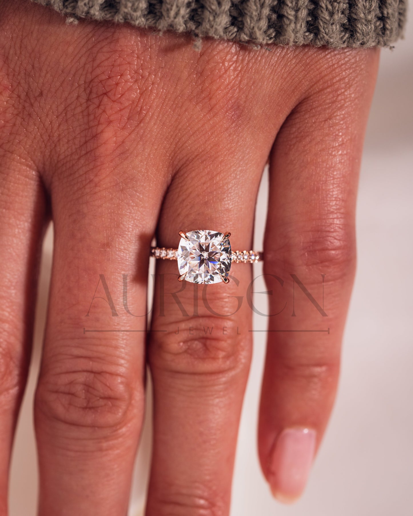 18k Rose Gold Cushion Cut Moissanite and Leb Engagement Ring Halo With Pave Diamond Ring