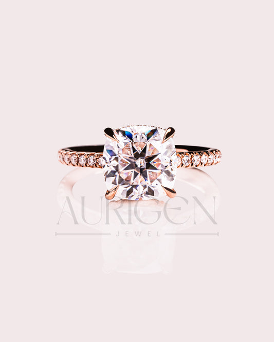 18k Rose Gold Cushion Cut Moissanite and Leb Engagement Ring Halo With Pave Diamond Ring