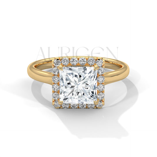 Princess Cut Halo Engagement Ring with Round Diamonds in 14K Solid Gold